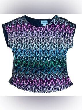 Vintage Sequin Top Joanna Rainbow Metallic Zigzag Party Top L